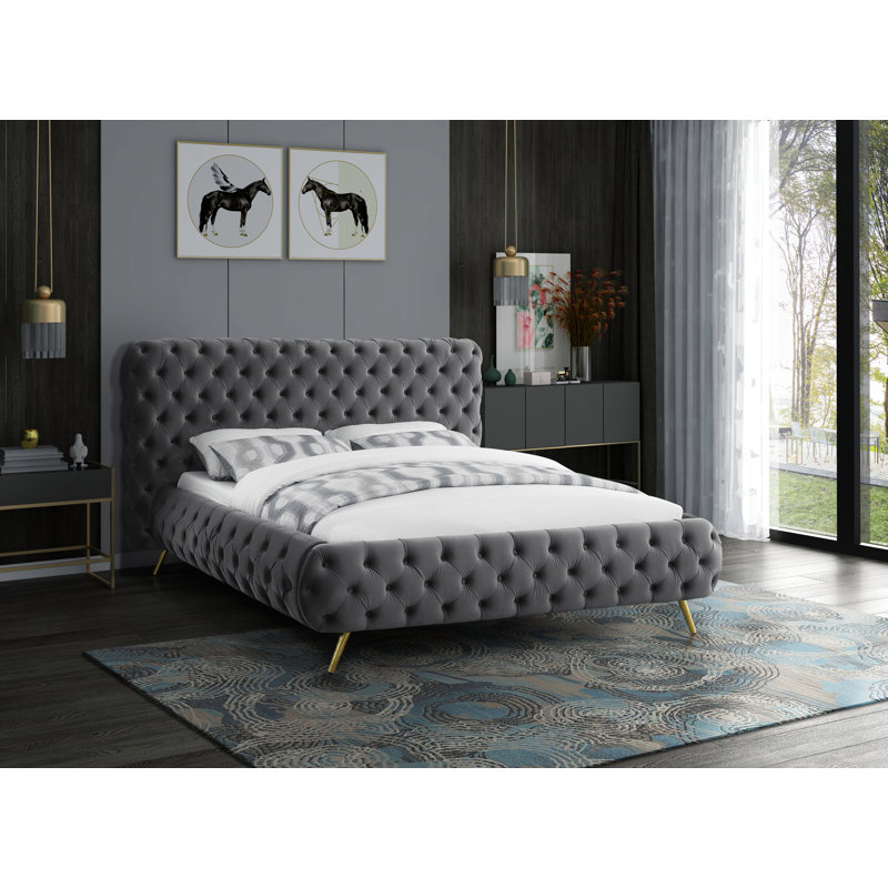 Lit-bateau tapissier Delano, Très grand, Velours gris