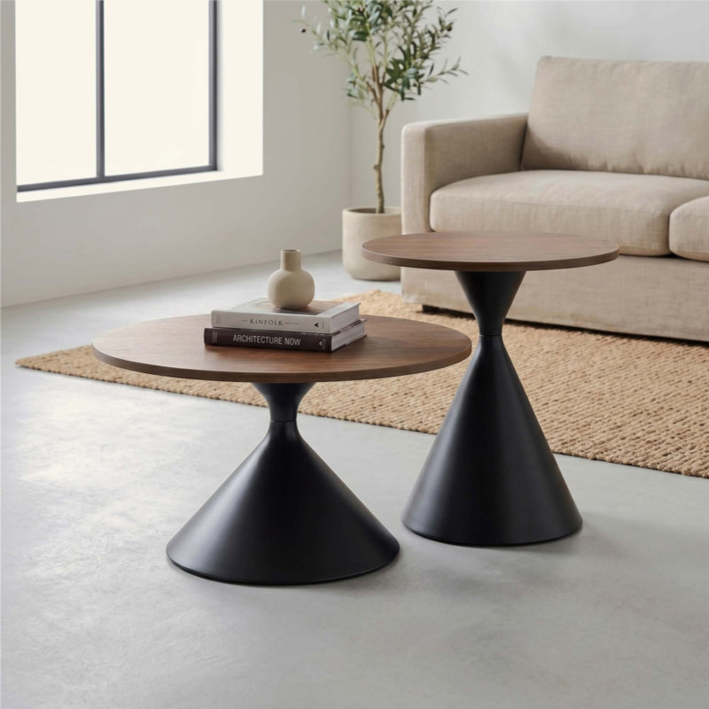 Ensemble de deux tables basses rondes, plateau à motifs et piètement en acier, table basse multifonctionnelle et élégante