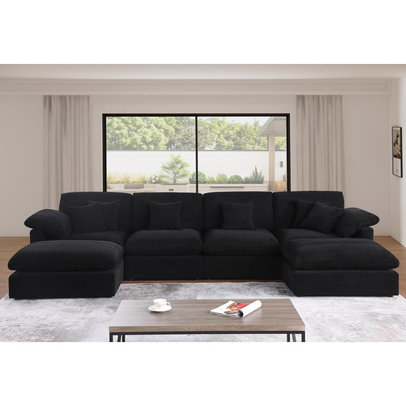 155.7" W 6-Piece Modular Chenille Sectional, Black Chenille
