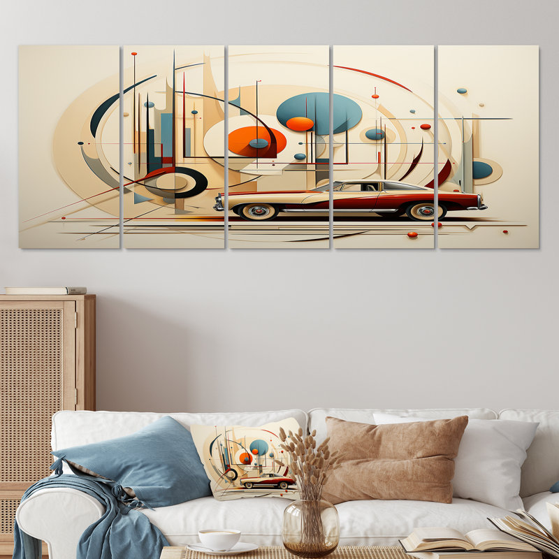 Mid Century Red Car Geometrics - Car Vintage Wall Art, ensemble de 5 pièces, H 28 po x l 60 po