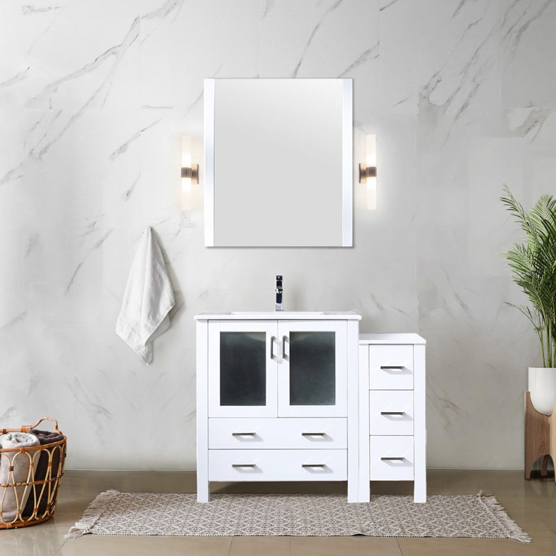 Meuble-lavabo en céramique blanche de 107 cm (42 po), armoire latérale, robinet, miroir de 71 cm (28 po) - Résistant aux égratignures et aux taches sur le dessus blanc et les ébréchures