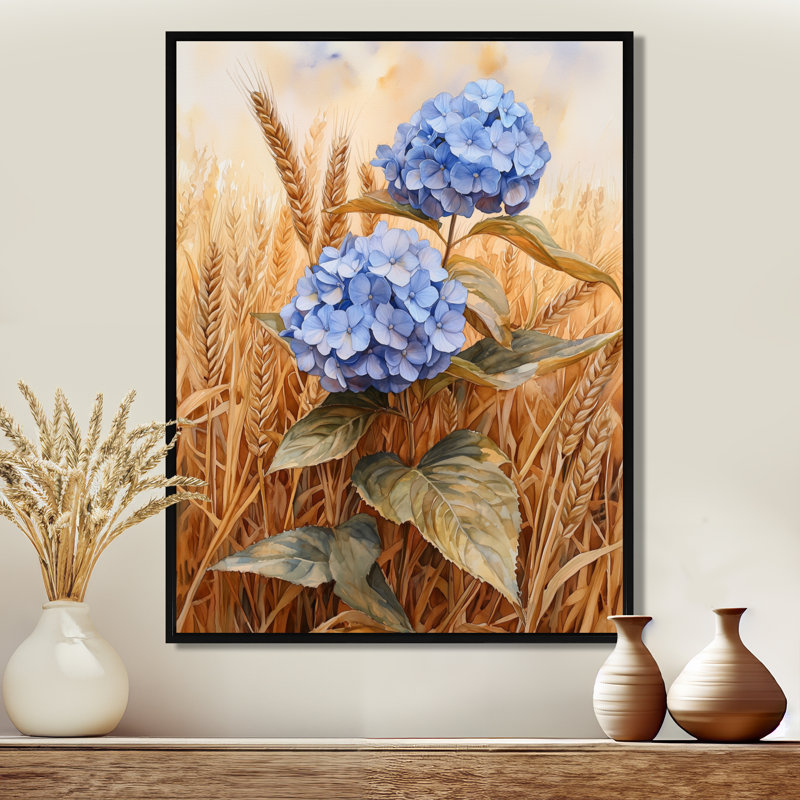Hortensias dans le champ de blé I - hydrangées, art mural, Noir, Impression encadrée flottante, H 44 po x l 34 po