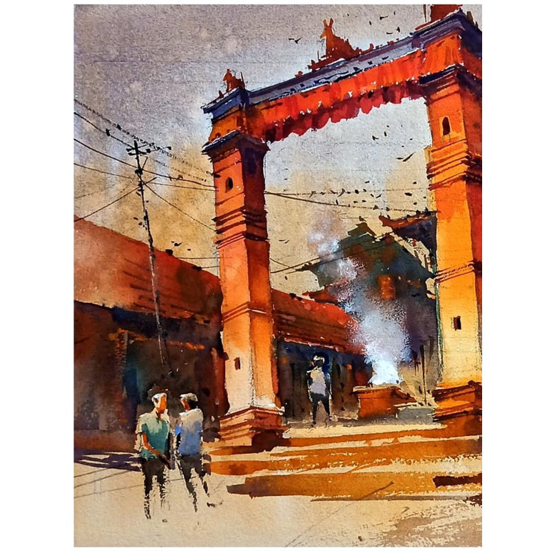 Temple à Katmandou | Aquarelle sur papier | Par Praween Karmakar