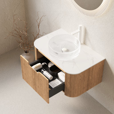 30" Bathroom Vanity With Transparent Round Sink, Floating Cabinet In Natural Color, 3D Striped Drawer, Pre-Assembled, Soft Close System, Ample Storage, Plywood Construction, Modern Design Glass Wood