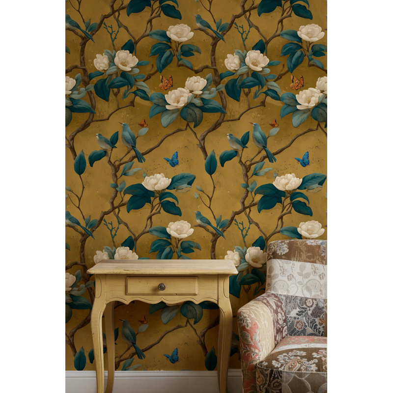 Papier peint branches chinoises rétro avec motif floral et oiseaux bleus, Non-collé