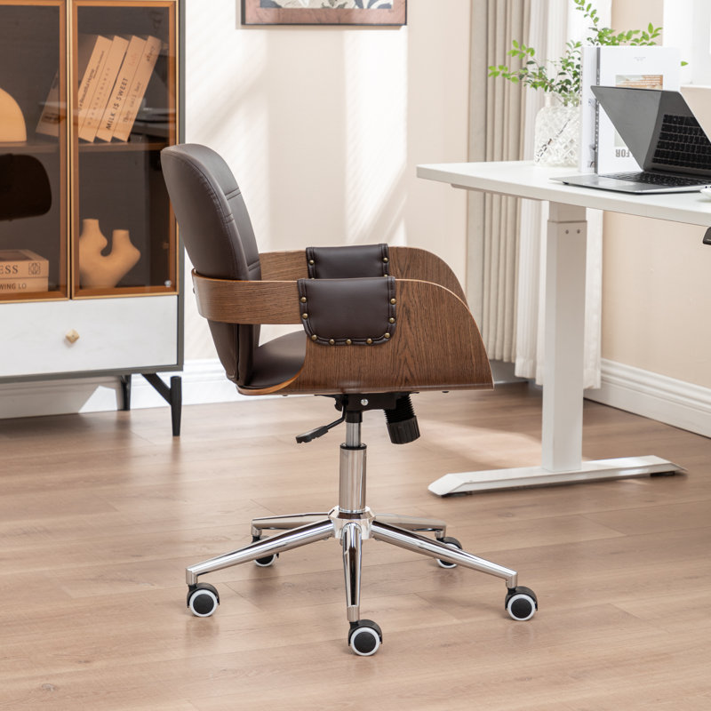Ryonie Faux Leather Upholstered Swivel Office Chair, Brown