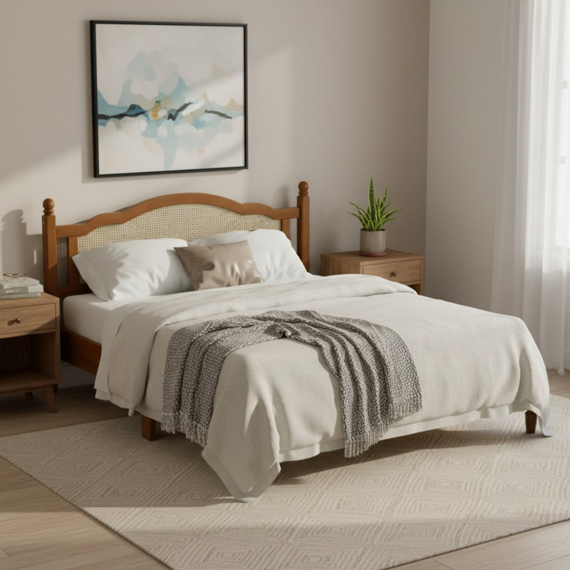 Bohemian Wooden Platform Bed With Natural Rattan Headboard And Arc Design, King, Walnut