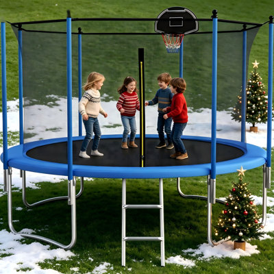 Trampoline d'extérieur 12 pi avec filet de sécurité et crochet en T pour cour arrière, trampoline rond robuste pour enfants et adultes - filet d'enclos inclus