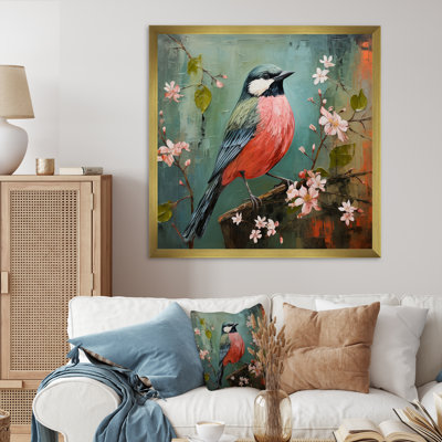 «Green and Pink Bird Floral Tree Harmony I», art mural oiseau