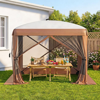 Tente escamotable 8 x 8 pi à maille 6 côtés et chiffons amovibles, abri de jardin extérieur imperméable pour patio et camping, brun