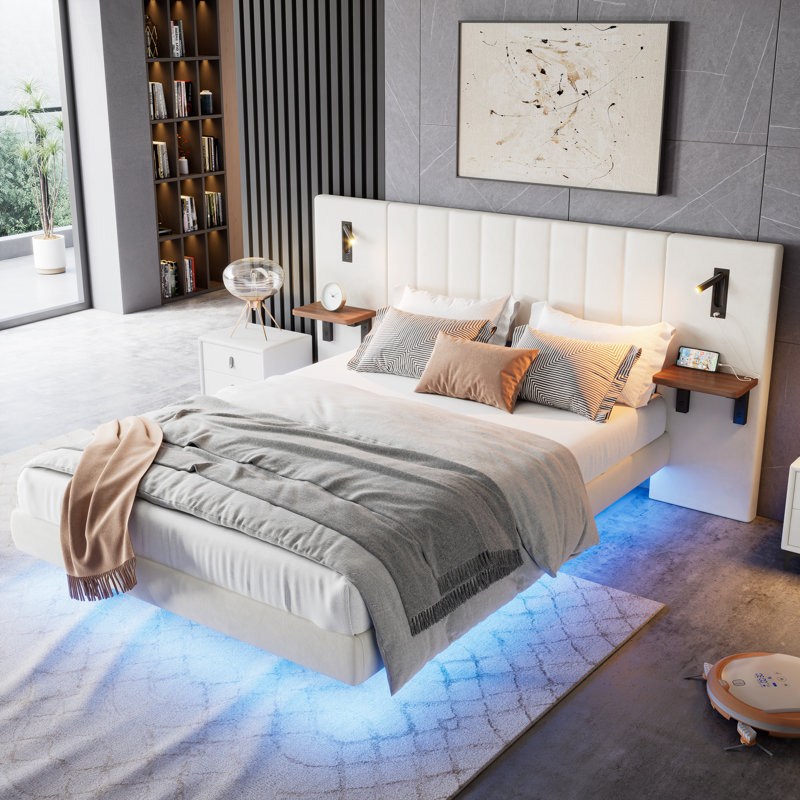 5ft Upholstered Bed With Headboard And 2 Lamps, Double (4'6), White