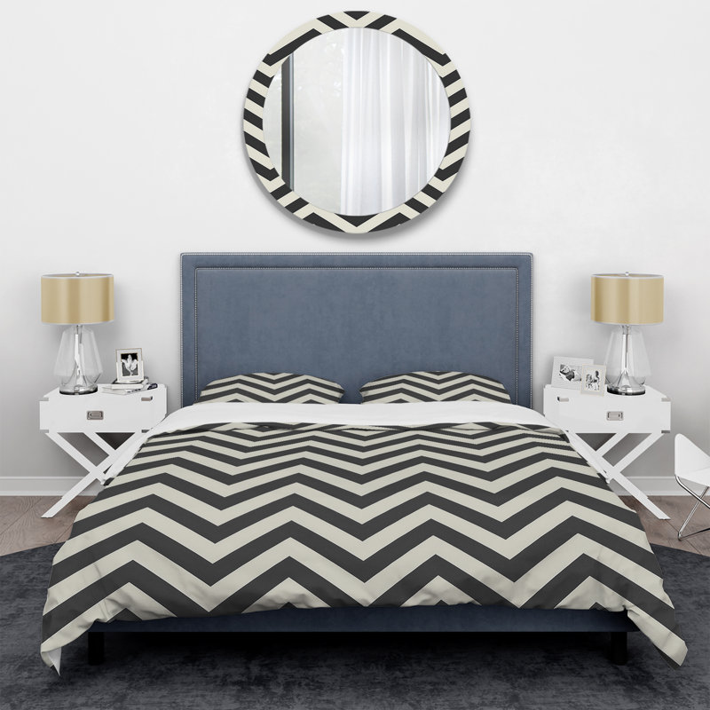 Ensemble de housse de couette moderne à motif de chevrons noir et gris III, Housse de couette très grand + 2 très grandes ta