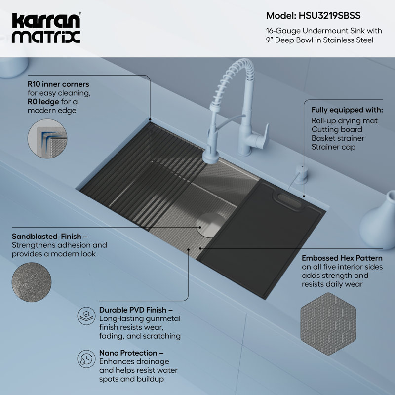 Karran Matrix 32" Undermount Workstation 16 Gauge Single Bowl Stainless Steel Kitchen Sink with Accessories