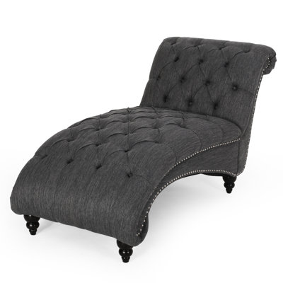 Elegant Chaise Lounge Chair, Button & Diamond Stitched, Curvy Style, Charcoal Fabric, Birch Legs In With Tufting And Stitch, Stable Wood