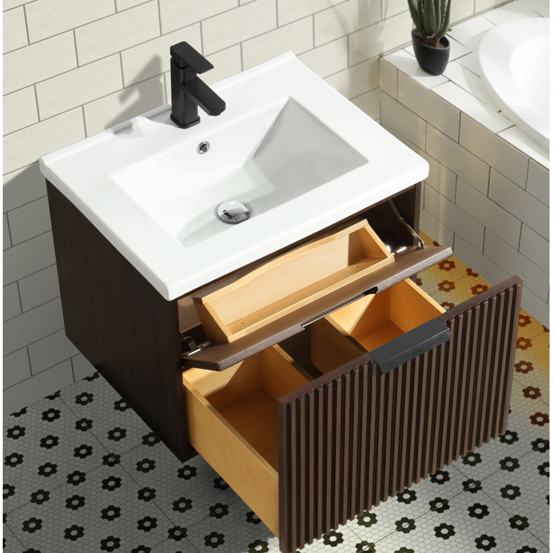 Ensemble de meuble-lavabo simple mural 24 po Anelie, Noyer, Noir mat