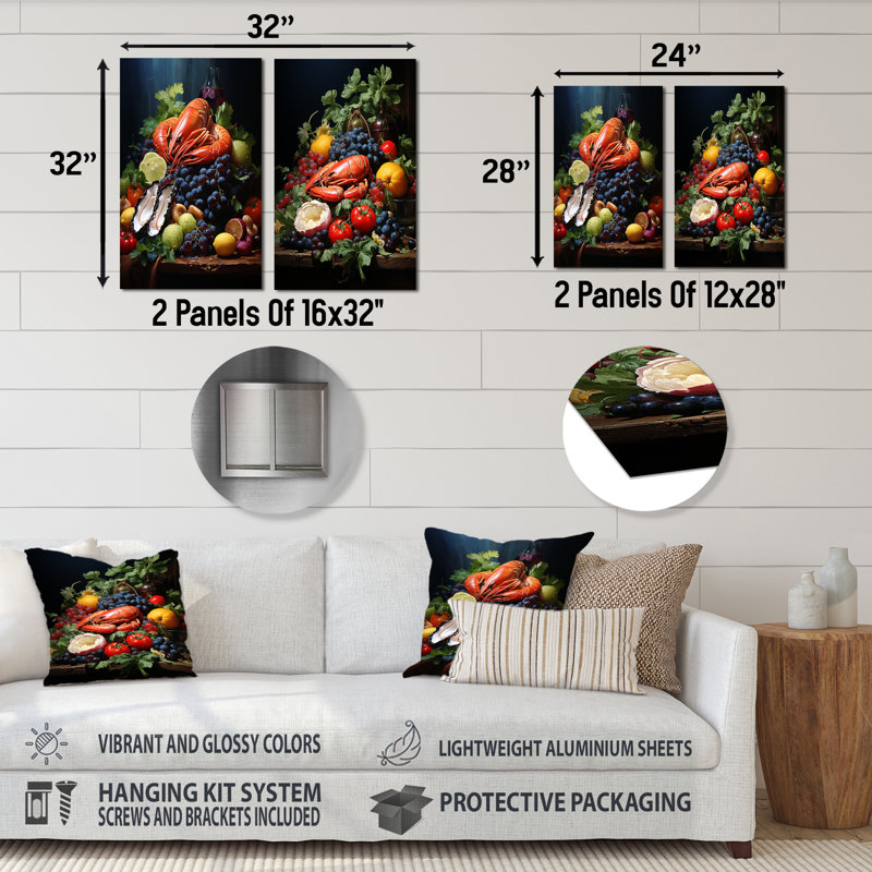 Ensemble de fruits de mer, plateau de fruits de mer, ensemble de 2 reproductions d'art en métal, H 32 po x l 32 po