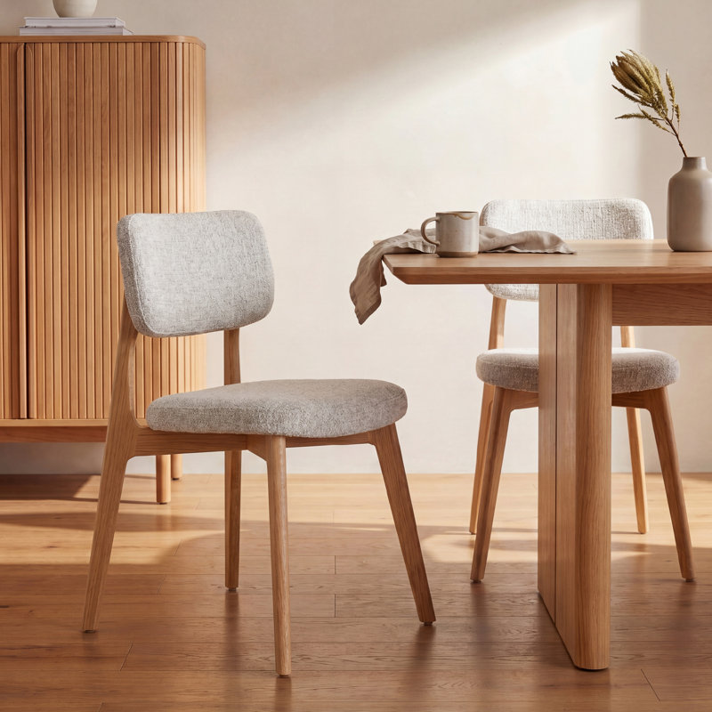 Upholstered Solid Wood Dining Chair Side Chair, Natural Wood, Beige