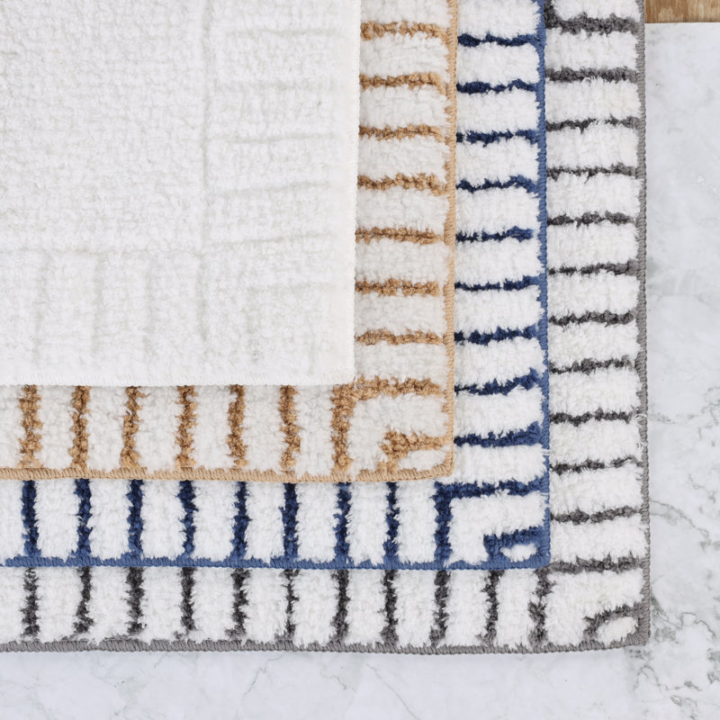 Inaya Modern Striped Plush Tufted Shag Machine Washable 2 Piece Bathroom Rug Set, LARGE- 2 Piece Set, White/Navy