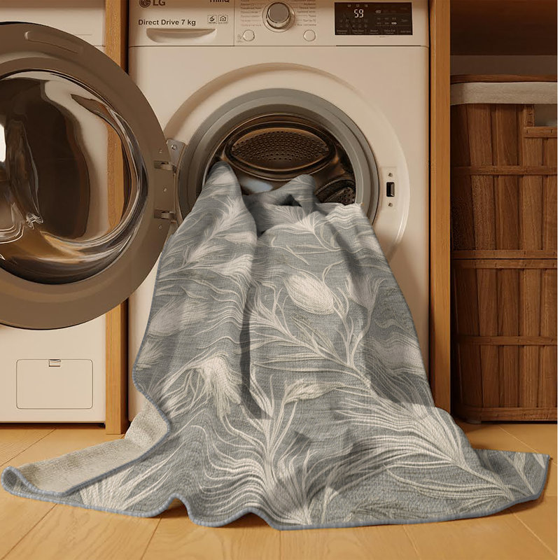 Machine Washable Botanical Gray Area Rug, Round 5'