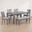 Ensemble de salle à manger rectangulaire 6 pièces, table, 4 chaises et banc, coussins en lin gris, structure en bois massif