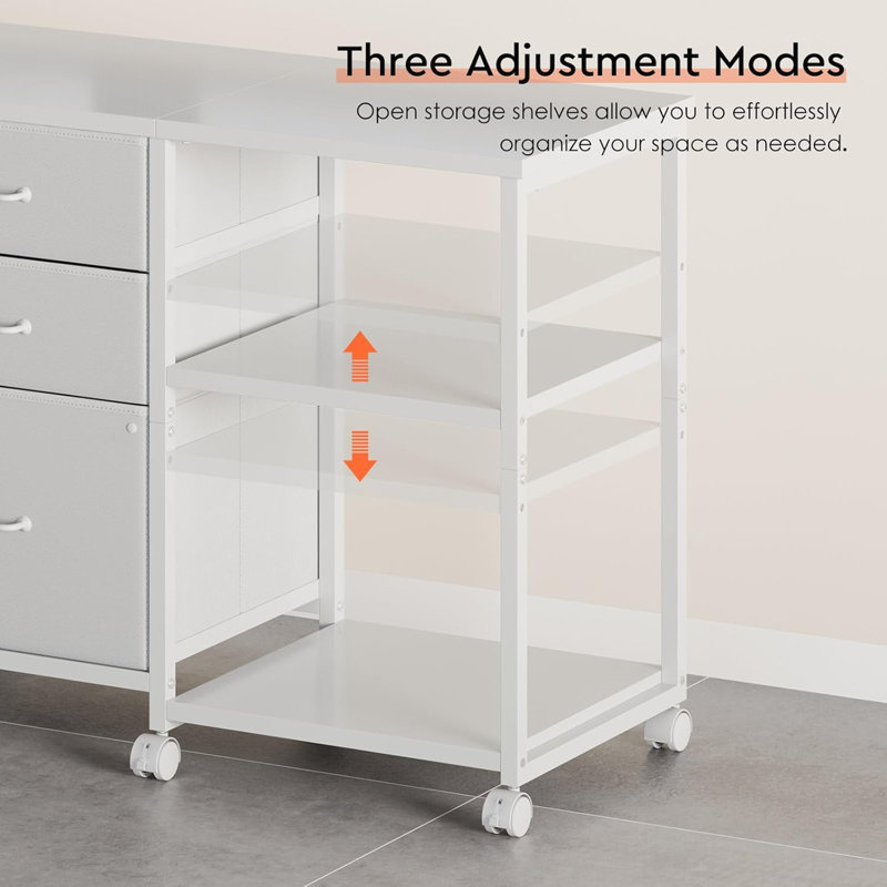 White 3-Drawer Fabric Lateral File Cabinet - Rolling Printer Stand (With Open Storage Shelf, For Home Office)