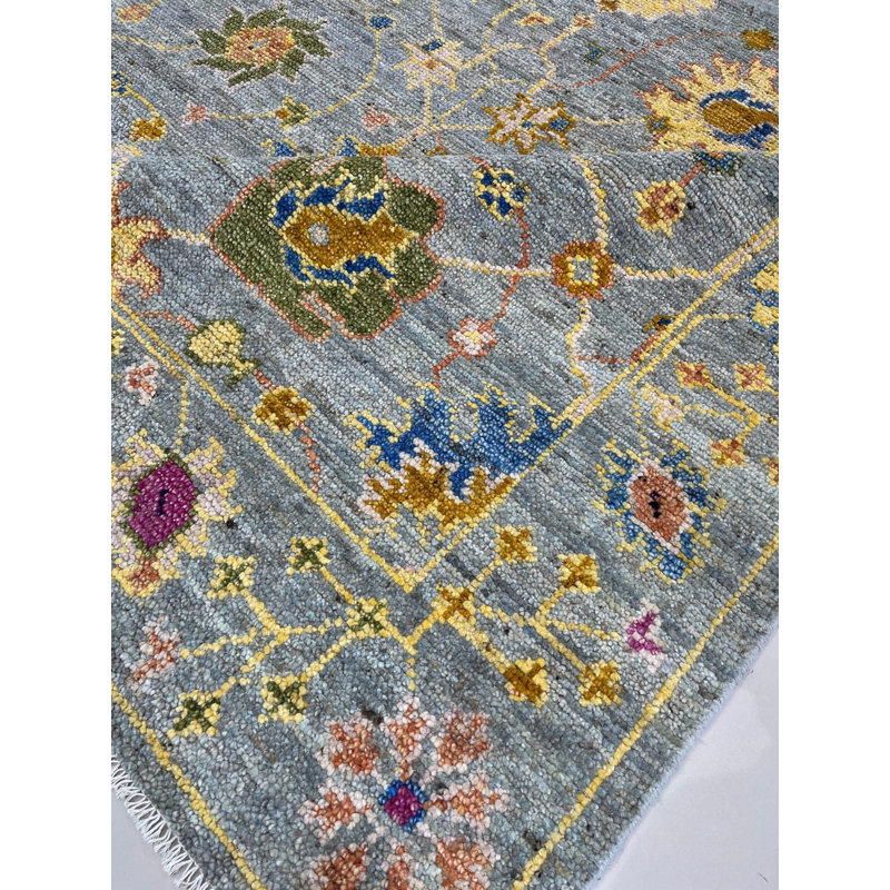 Tapis contemporain gris à motif géométrique en laine noué à la main gris, 9 pi x 12 pi