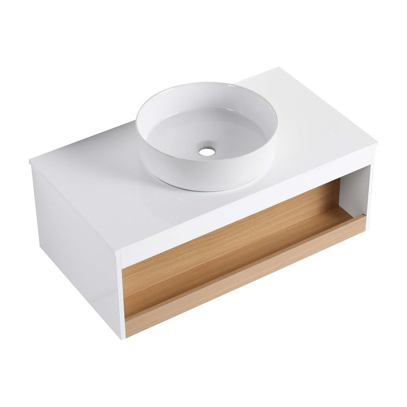 Meuble-lavabo flottant peu encombrant avec rangement ouvert et lavabo vasque de qualité supérieure
