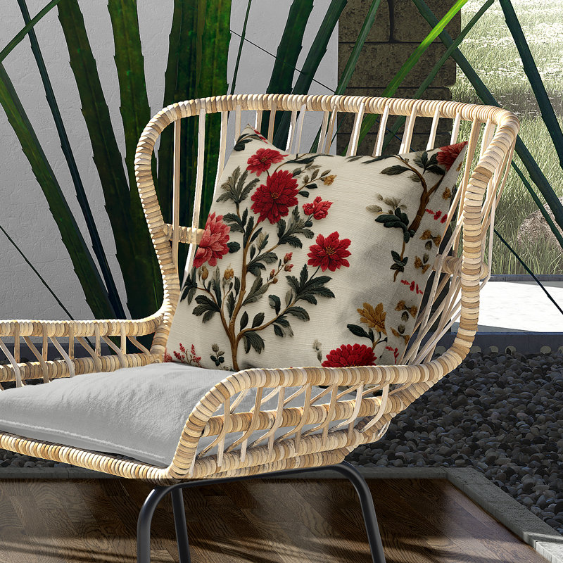 Embroidered Dahlia Trail Indoor/Outdoor 18x18, Square 18", Beige/Red