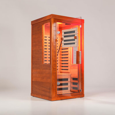 1 Person Far Infrared Sauna Front Door With Bluetooth Music Player, Reading Light, 7-Colour Therapy Lighting, 7 Low EMF Heaters , Wooden Sauna Room For Indoor Use