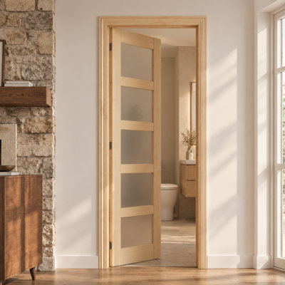 Dalle de porte intérieure en verre massif givré 5 Lite - porte de garde-manger en bois naturel avec cadre assorti et charnières noires