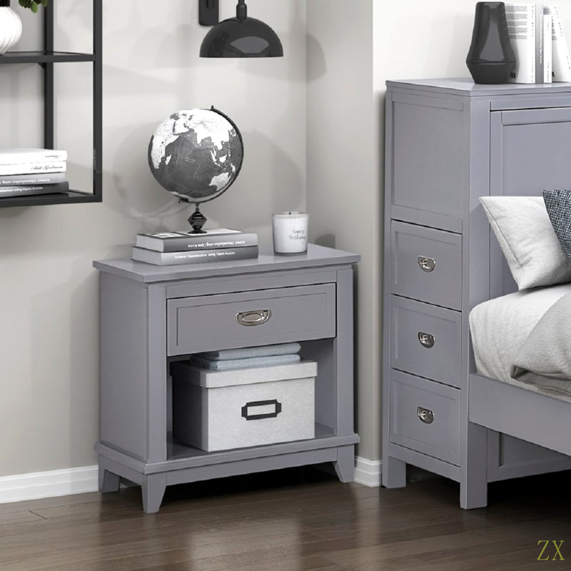 Table de chevet 1pc avec tiroir de rangement et tablette inférieure, Gris