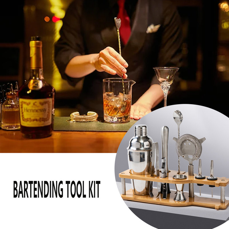 10 Piece Bartender Kit - Bar Tool Set Cocktail Shaker Set -  Bamboo Stand