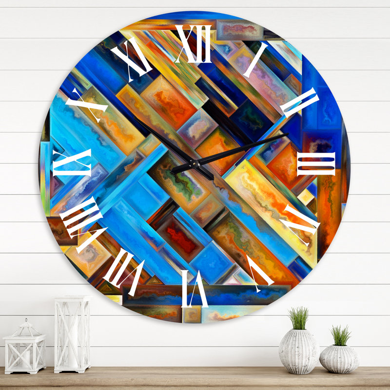 Formes géométriques en orange et bleu - Horloge murale moderne, Grand