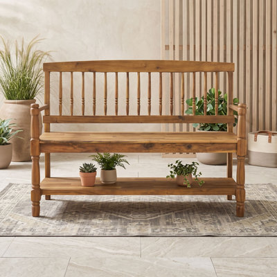 Acacia Wood Farmhouse Storage Bench with Built-In Shelf, Hand-Carved Details and Sturdy Frame for Entryway