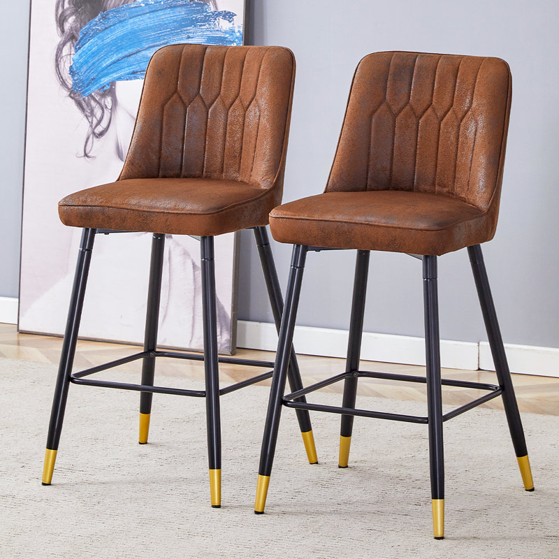 Bar Stools Set of 2,Counter Height Bar Stools with Back,Modern Upholstered Kitchen Stools, Brown/Black, 2