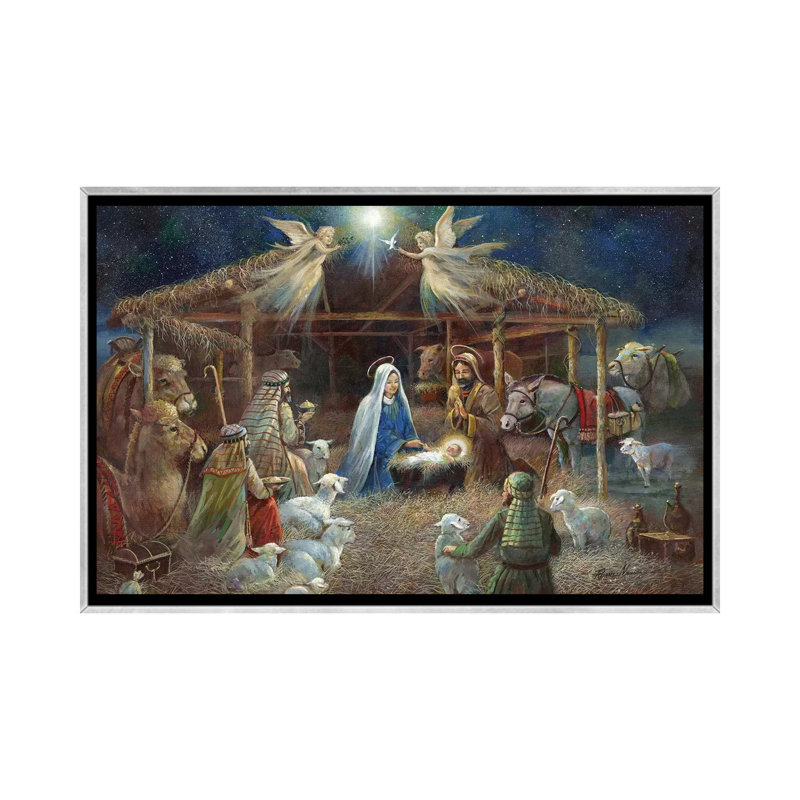 La Nativité par Ruane Manning - reproduction d'art, H 32 po x l 48 po x 1,5 po, Toile avec cadre argenté, Aucun mat