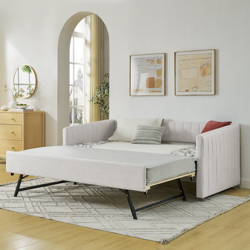 Lit de jour simple avec canapé-lit tapissier, avec rayures verticales, tissu en lin, beige