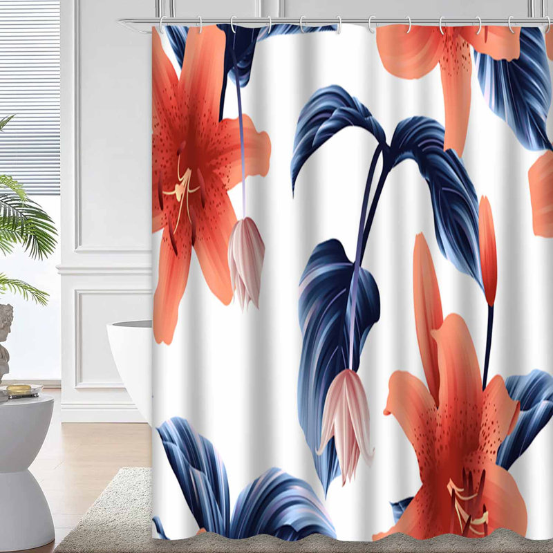 Rideau de douche orange à fleurs et lis bleu sarcelle avec 12 crochets, L 72 po x l 78 po