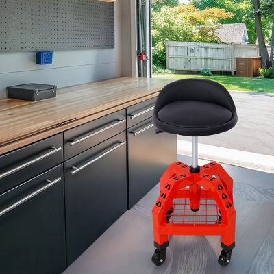 Pneumatic Shop Stool With Casters, Adjustable Rolling Mechanics Seat With Wire Grid Tool Organizer