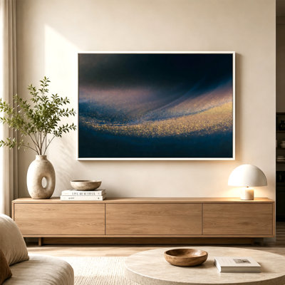 Shimmering Golden Particles Light Waves Canvas Wall Art with Floating Frame, Ready to Hang