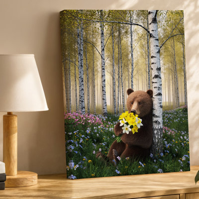 Canvas In A Tranquil Forest Glade Bathed In Soft Golden Sunlight Wall Art A Fluffy Brown Bear Nestles Contentedly Against A Slender Canvas Wall Art