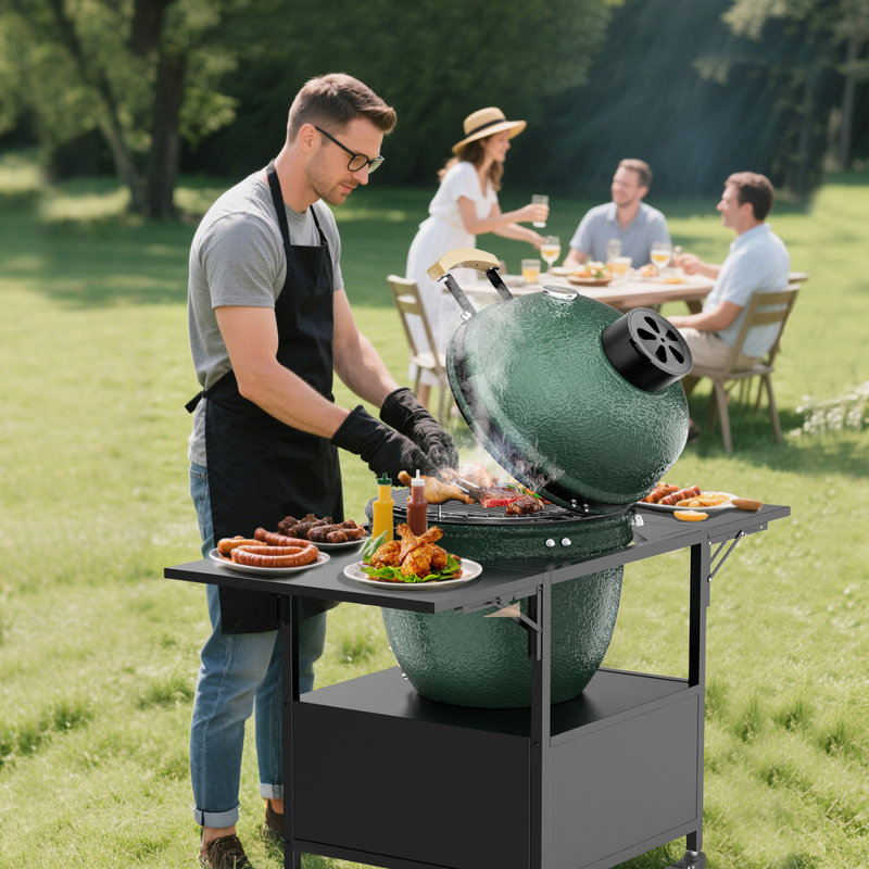 Table de barbecue d'extérieur pour barbecue Big Green Egg, 2 panneaux pliables Conception de rangement en métal