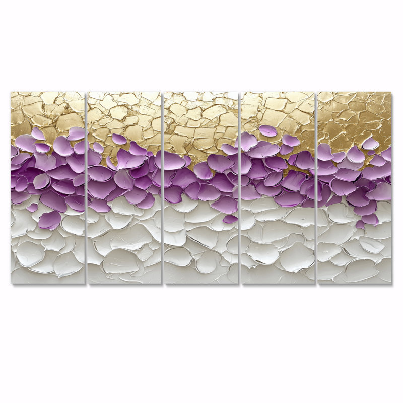 Lavande éclatée et pétales dorés dans le vent - reproduction d'art abstrait - art mural moderne 5 pièces, H 28 po x l 60 po