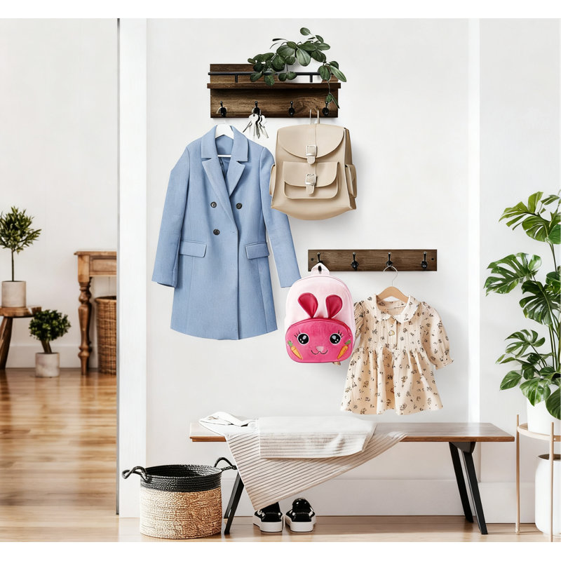 Portemanteau mural en bois massif avec tablette et 8 crochets, organisateur robuste pour vestibule, chapeaux, sacs, clés et accessoires