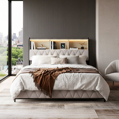 EU Double & King Velvet Storage Bed With 4 Drawers & LED Headboard, Upholstered Bed Frame With USB Ports, Beige