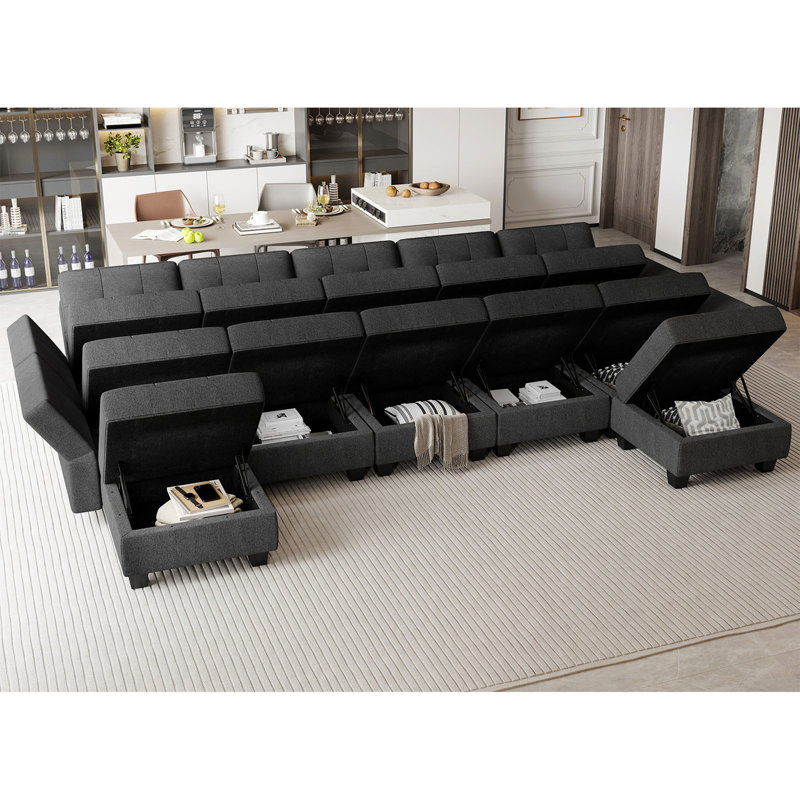 Grand canapé modulaire modulaire en U avec rangement en U de 143 po de large Soneson Ivery, Mélange de lin gris
