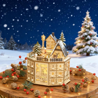 Calendrier de l'Avent en bois de Noël avec scène de village, tiroirs pour compte à rebours et décor festif