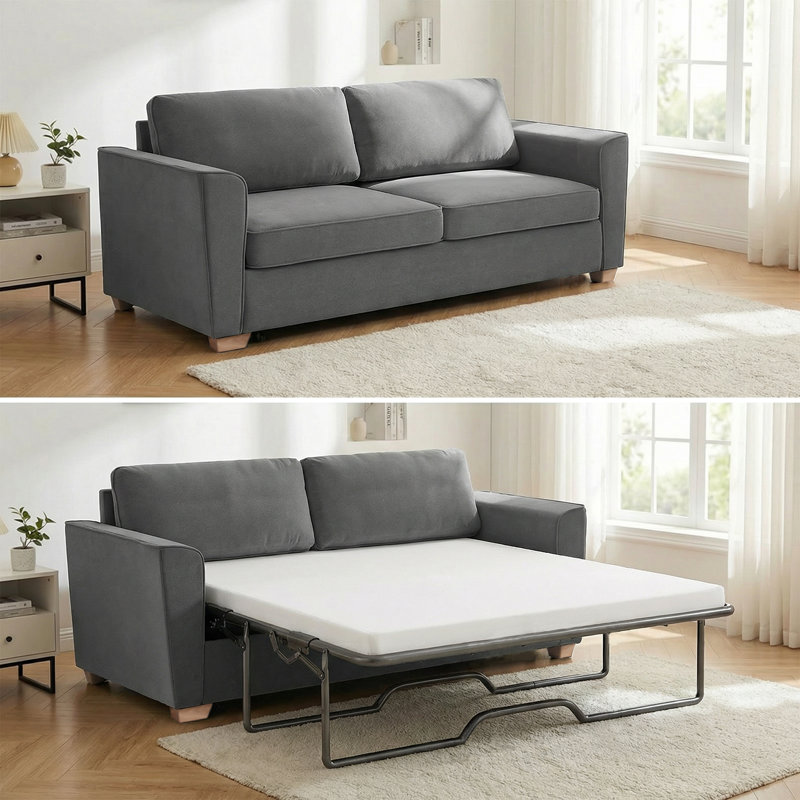 Full Size Velvet Pull-Out Sofa Bed with Folding Mattress, Light Gray