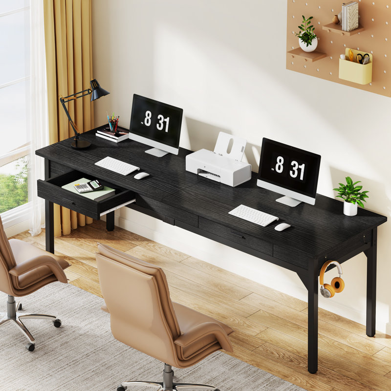 Black Engineered Wood Double Desk with Drawers