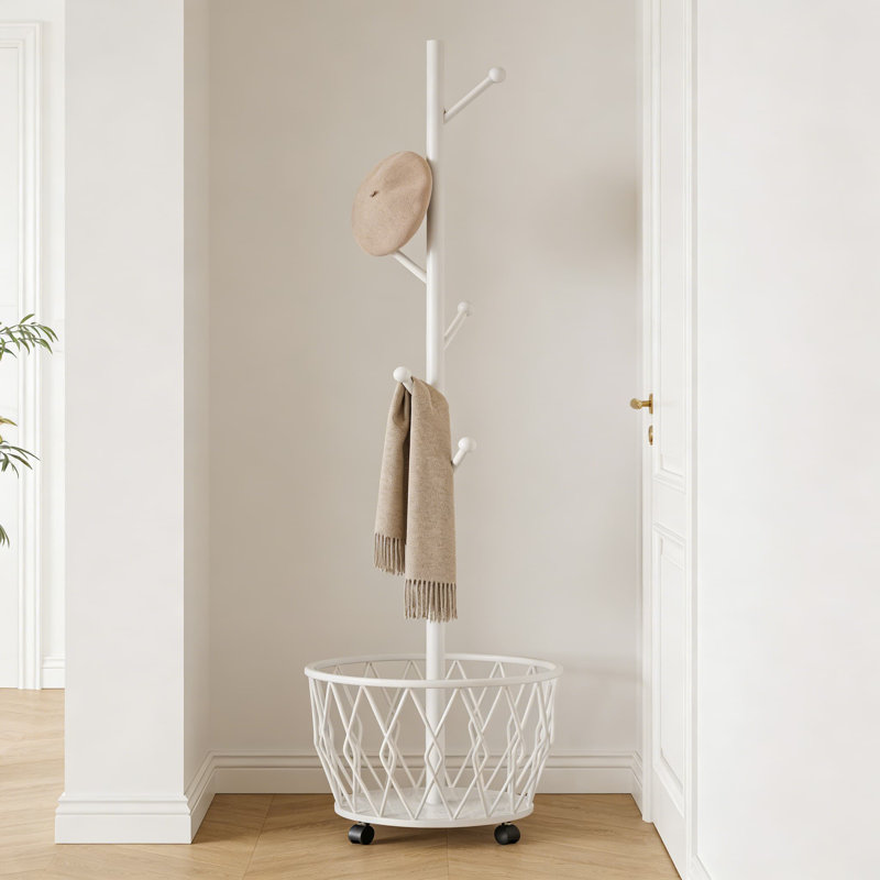 Portemanteau autoportant avec panier de rangement et roues, organisateur de vêtements en métal robuste avec 6 crochets doubles pour l'entrée, la chambre à coucher ou le coin